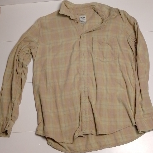 Zara relaxed fit  brown green cotton soft button down plaid shirt woman large - Picture 1 of 5